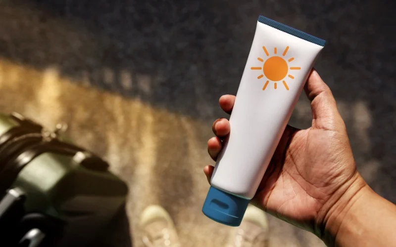 man holding sunscreen bottle