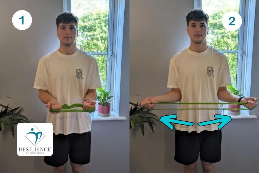 illustration of man performing a gentle resistance band external rotation exercise