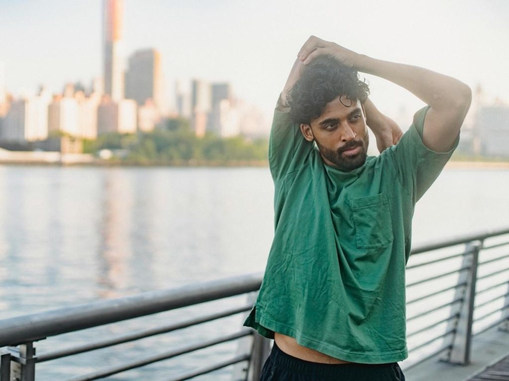 Image of a person performing a gentle shoulder stretch