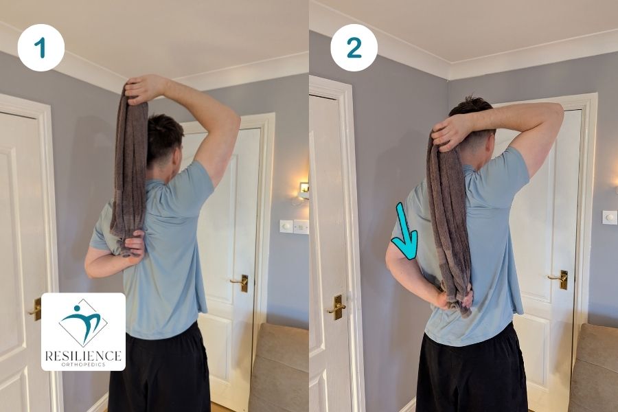 illustration of man performing towel stretch exercise