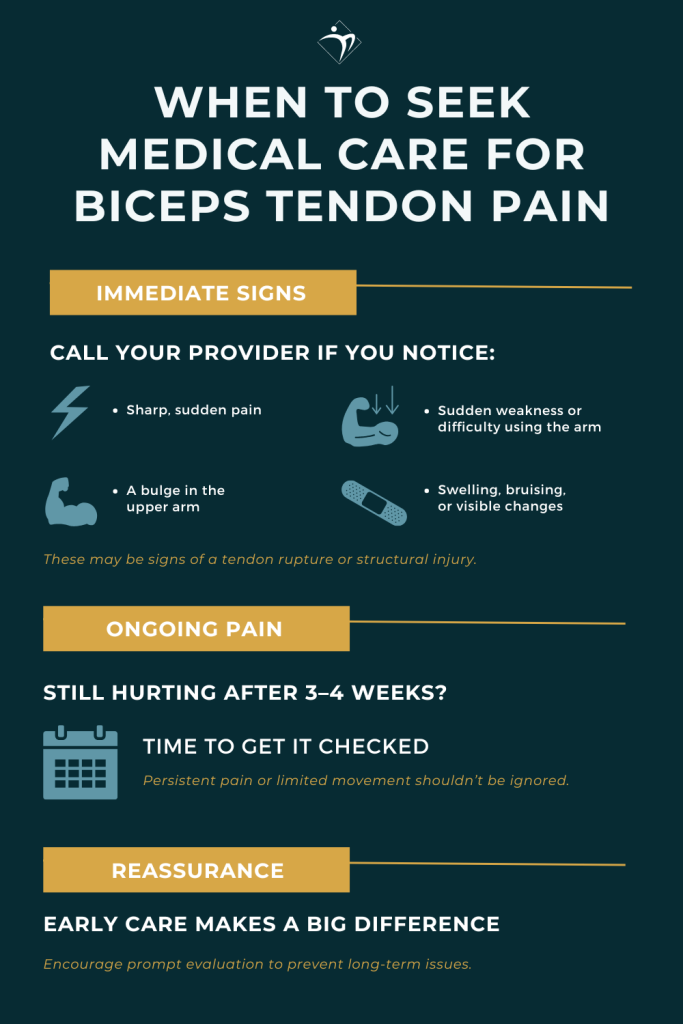 An illustration showing the different signs for when to seek medical care for biceps tendon pain.
