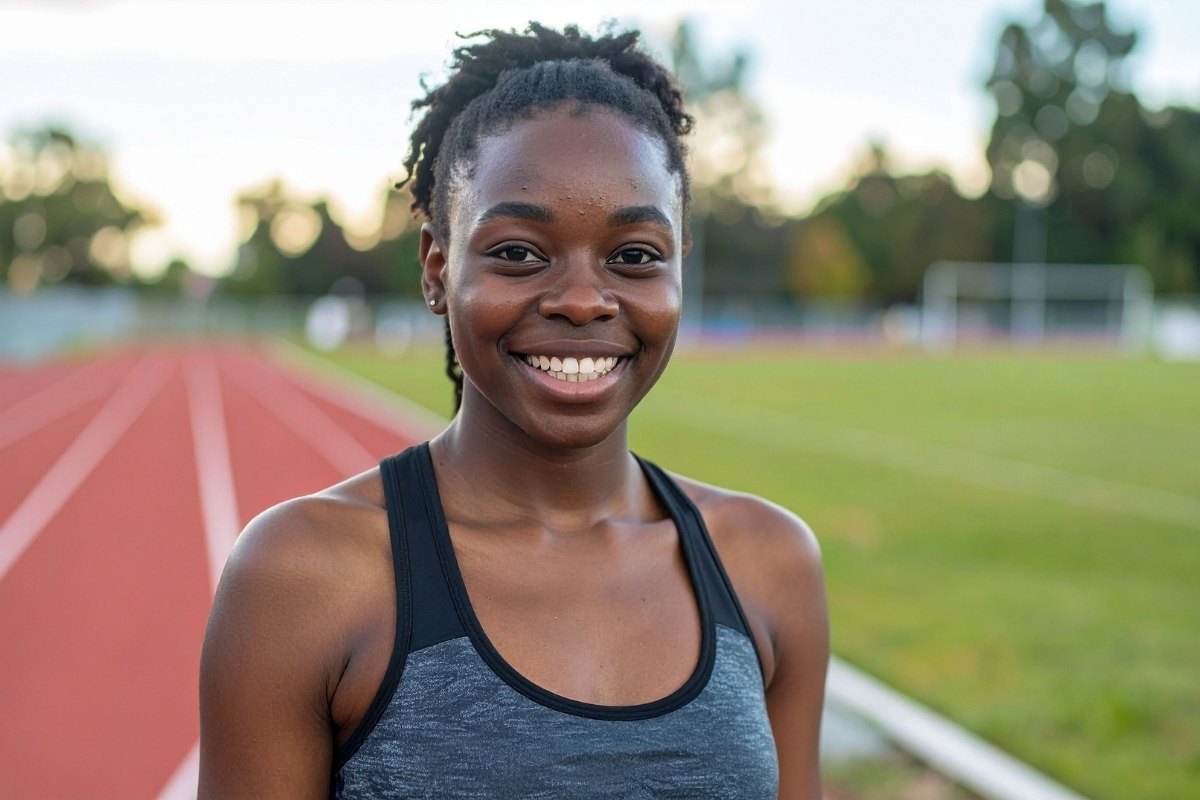 Female athlete smiling on race track