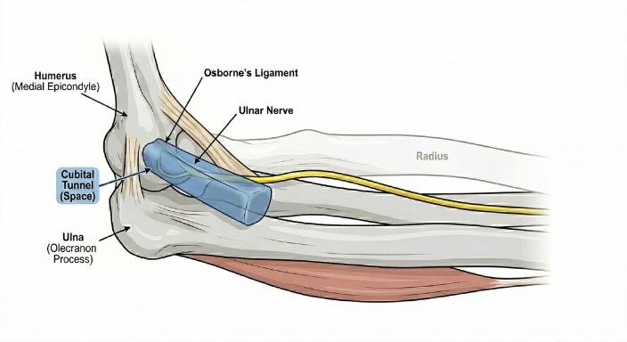 Elbow anatomy diagram highlighting cubital tunnel space